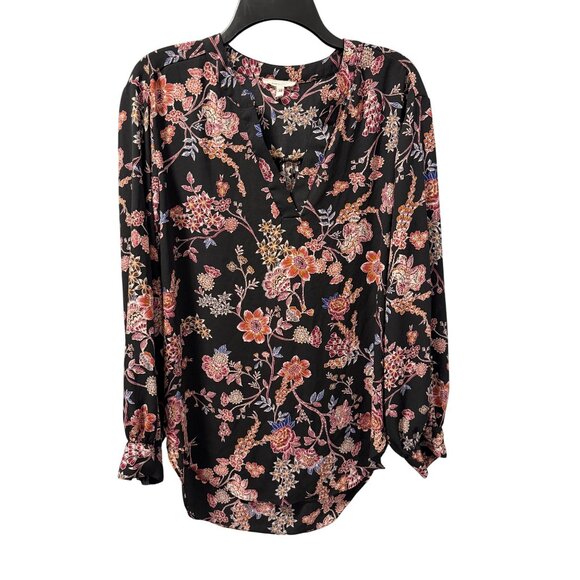 Maurices Womens Floral Blouse Sz Medium 3/4 Sleeve Black & Multicolor V-Neck - Picture 1 of 12